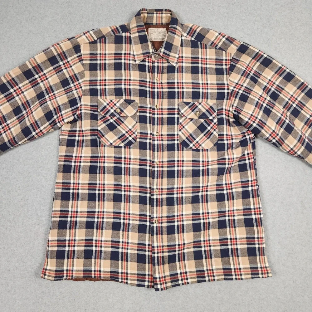 Vintage Insulated Flannel Shirt Mens Large Tab Blue Plaid Back Packer Outdoors